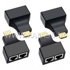 اکستندر HDMI دو تایی / همراه RX و TX با یک طرف 2 پورت شبکه F و یک طرف پورت HDMI M / برد 30 متر / پشتیبانی FULL HD 1080 / تک پک طلقی